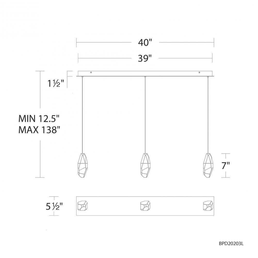 Martini 3 Light 120-277V Multi-Light Pendant (Linear Canopy) in Aged Brass with Clear Optic Crysta