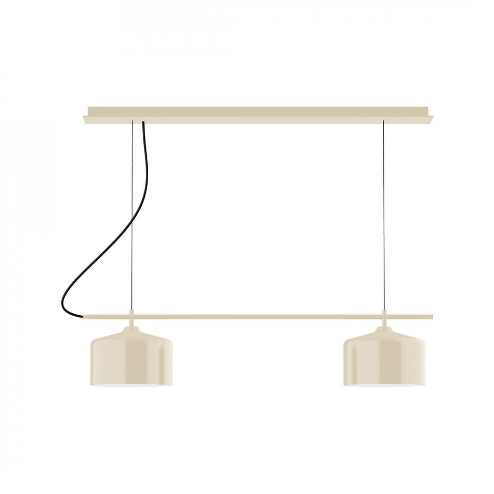 3-Light Linear Axis LED Chandelier with Brown and Ivory Houndstooth Fabric Cord, Cream