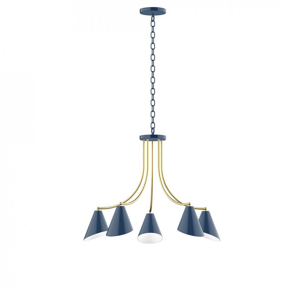 5-Light J-Series Chandelier, Navy with Brushed Brass Accents