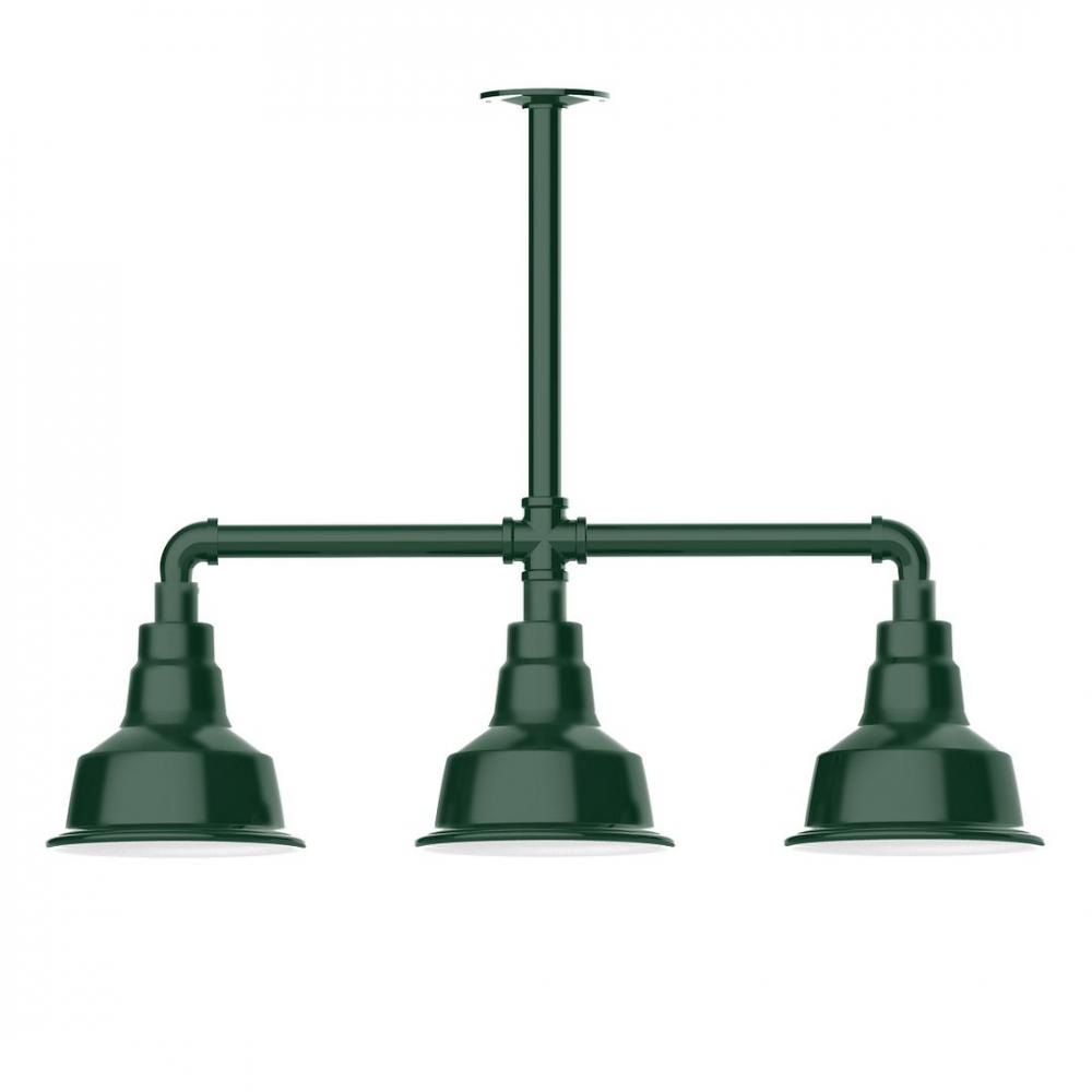 8" Warehouse shade, 3-light LED Stem Hung Pendant, Forest Green