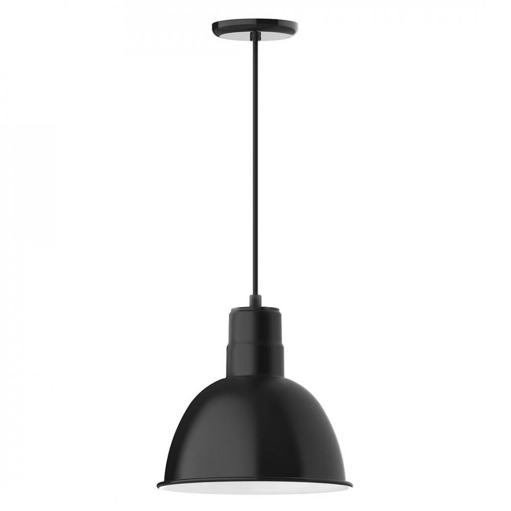 12" Deep Bowl shade, LED Pendant with black and white houndstooth fabric cord and canopy, Black