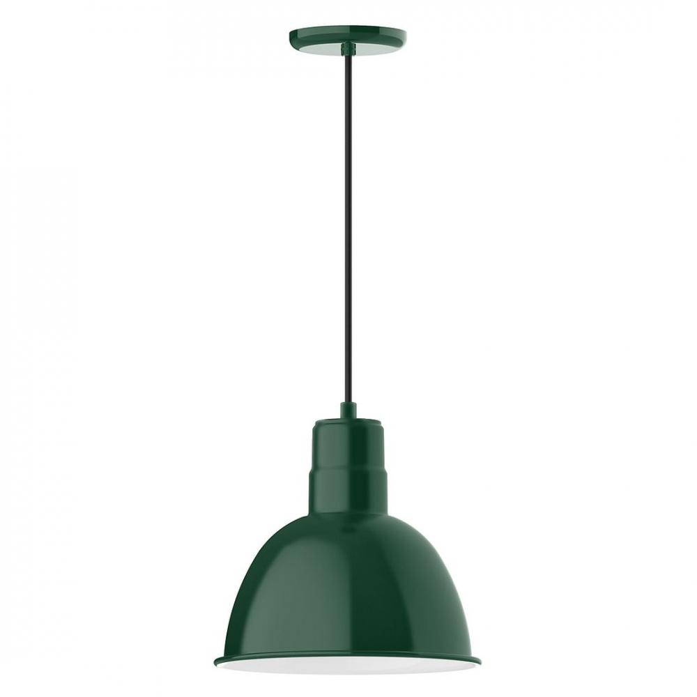 12" Deep Bowl shade, LED Pendant with black solid fabric cord and canopy, Forest Green