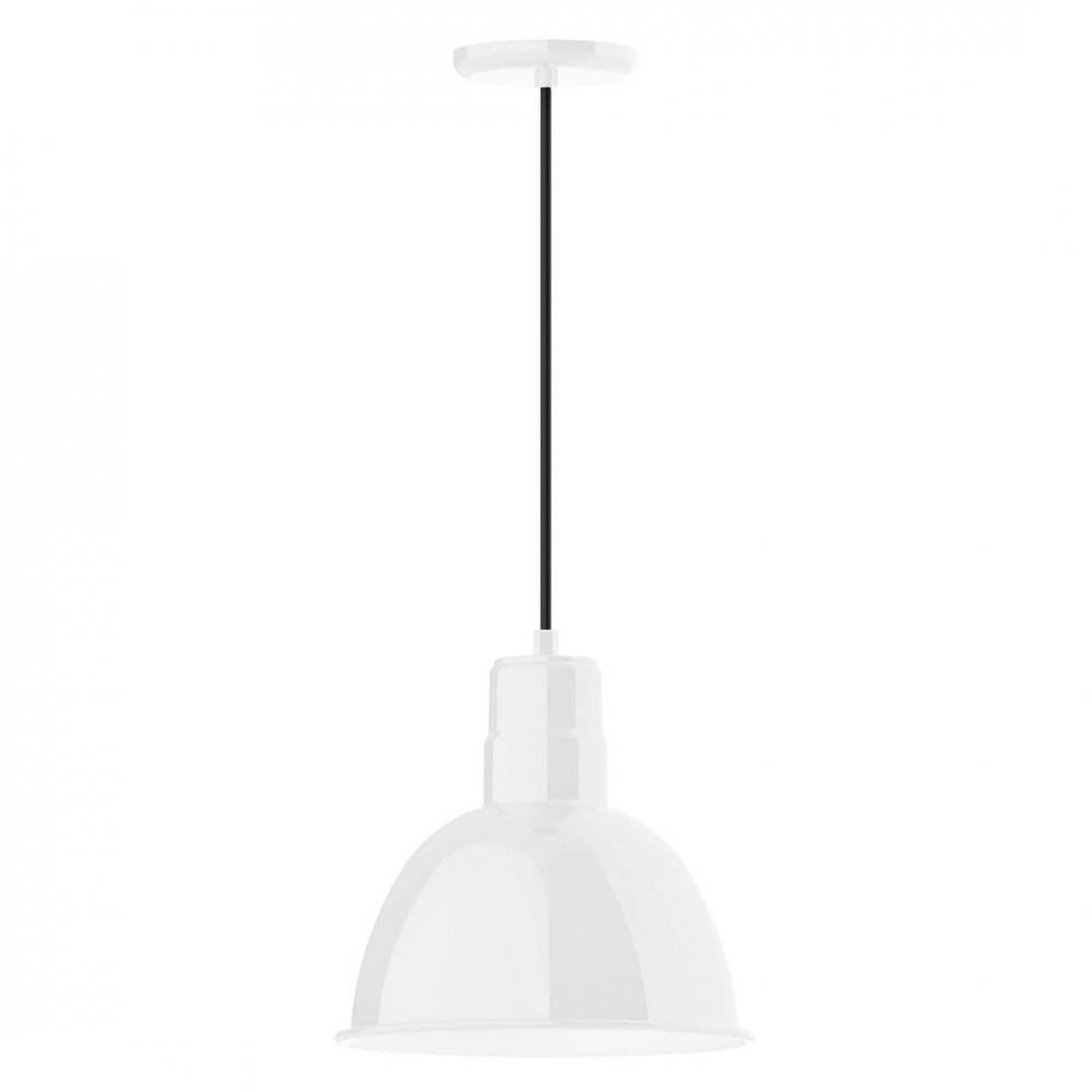 12" Deep Bowl shade, LED Pendant with white and gray dot fabric cord and canopy, White