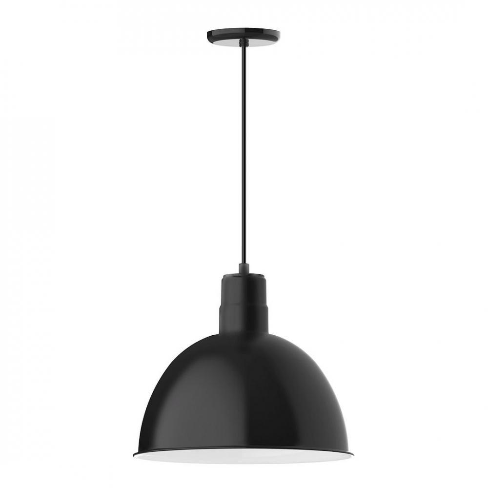 16" Deep Bowl shade, LED Pendant with black and white houndstooth fabric cord and canopy, Black