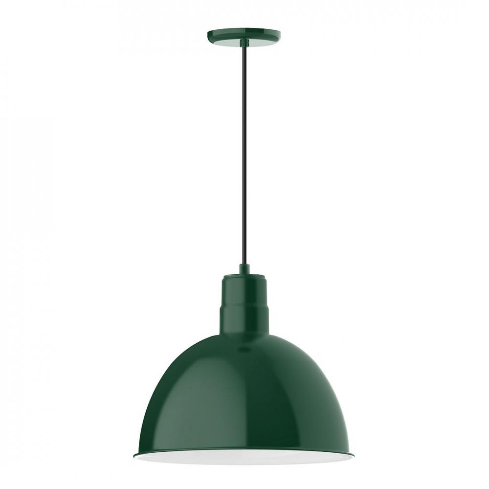 16" Deep Bowl shade, LED Pendant with polished copper fabric cord and canopy, Forest Green