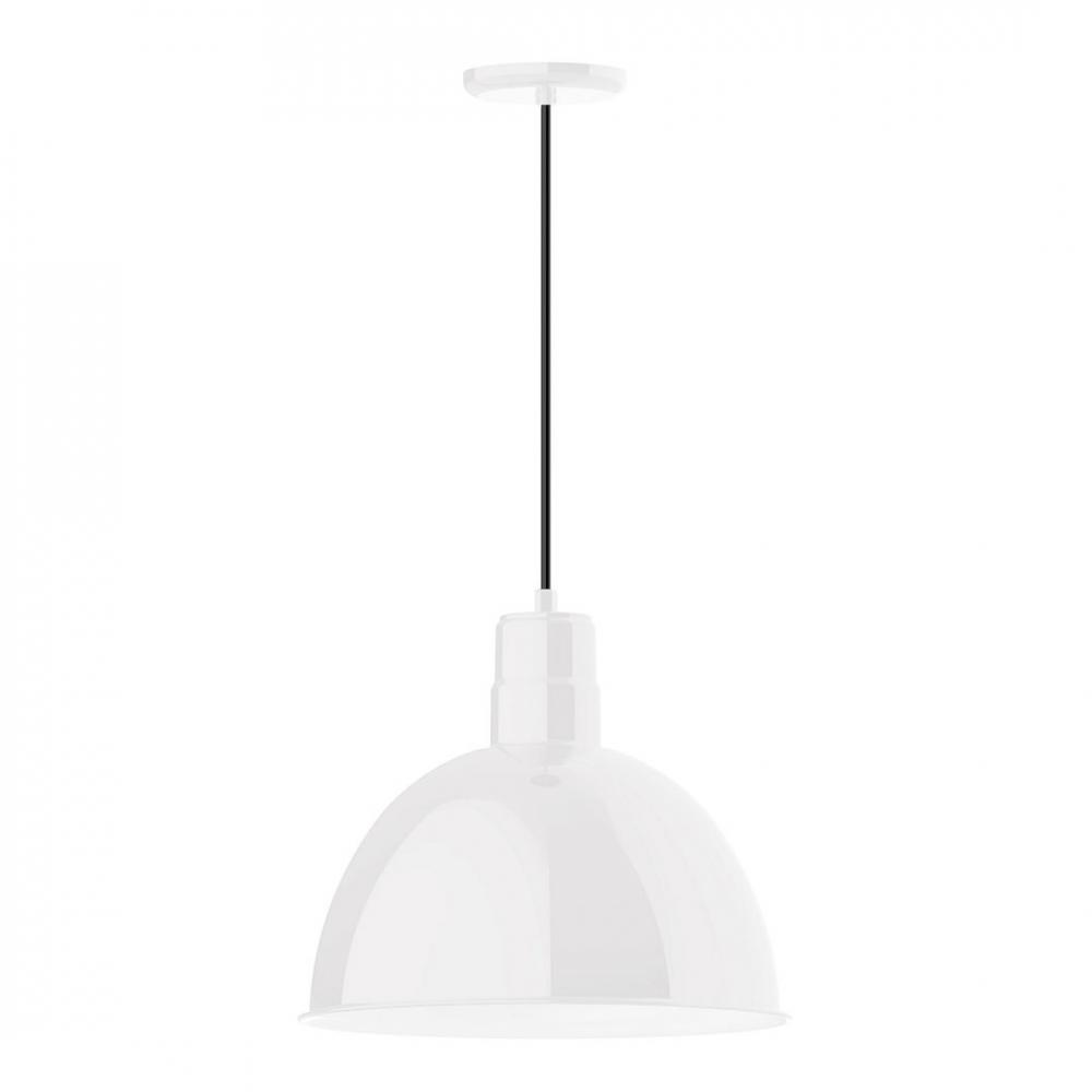 16" Deep Bowl shade, LED Pendant with black and white houndstooth fabric cord and canopy, White