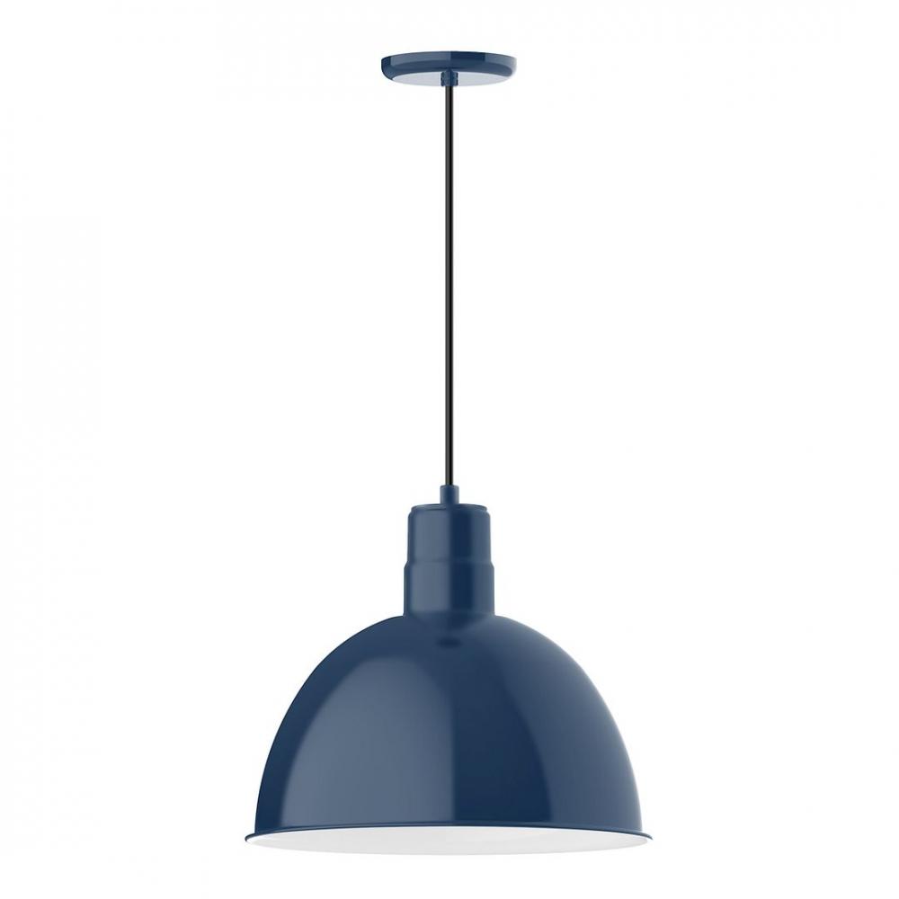 16" Deep Bowl shade, LED Pendant with neutral argyle fabric cord and canopy, Navy