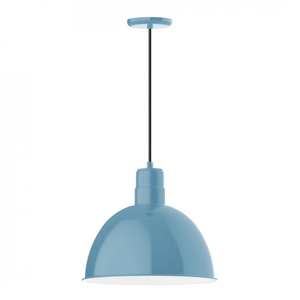 16" Deep Bowl shade, LED Pendant with navy mini tweed fabric cord and canopy, Light Blue