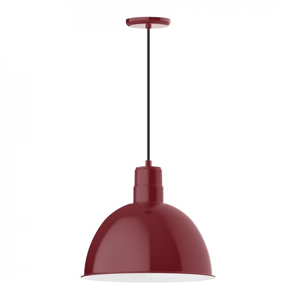 16" Deep Bowl shade, LED Pendant with white and gray dot fabric cord and canopy, Barn Red