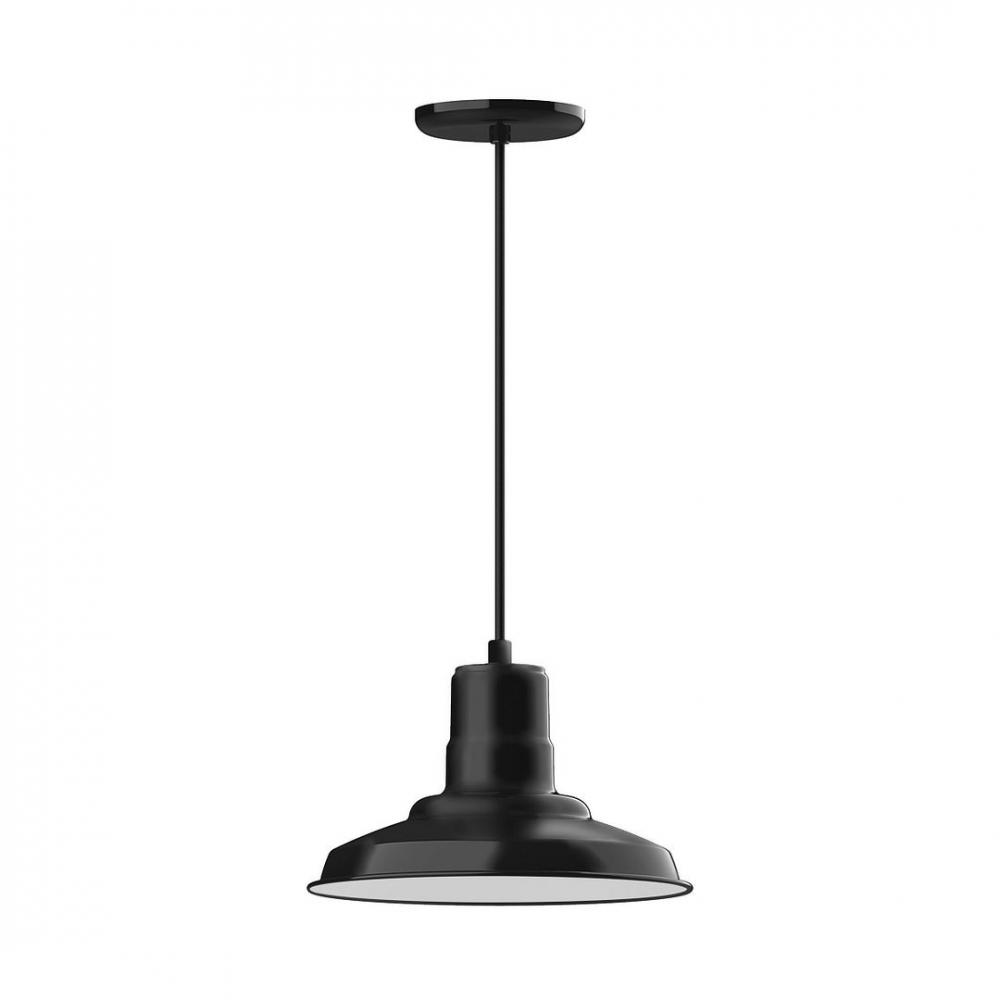 12" Warehouse shade, LED Pendant with gray solid fabric cord and canopy, Black