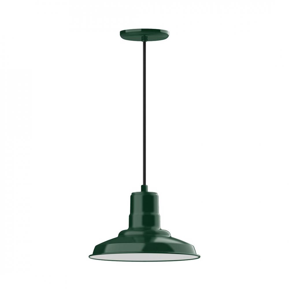 12" Warehouse shade, LED Pendant with neutral argyle fabric cord and canopy, Forest Green