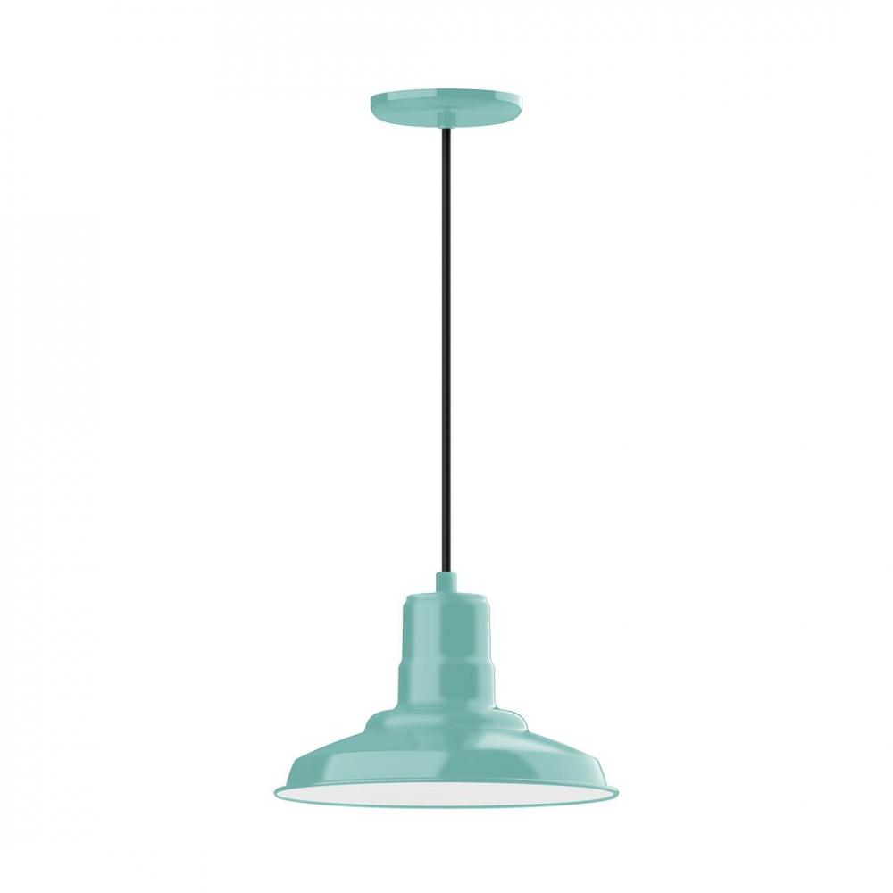 12" Warehouse shade, LED Pendant with navy mini tweed fabric cord and canopy, Sea Green