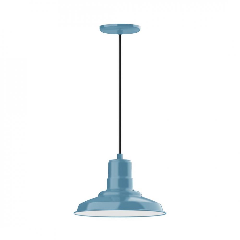 12" Warehouse shade, LED Pendant with navy mini tweed fabric cord and canopy, Light Blue