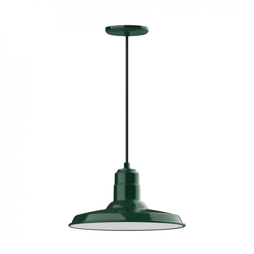 14" Warehouse shade, LED Pendant with black cord and canopy, wire grill, Forest Green