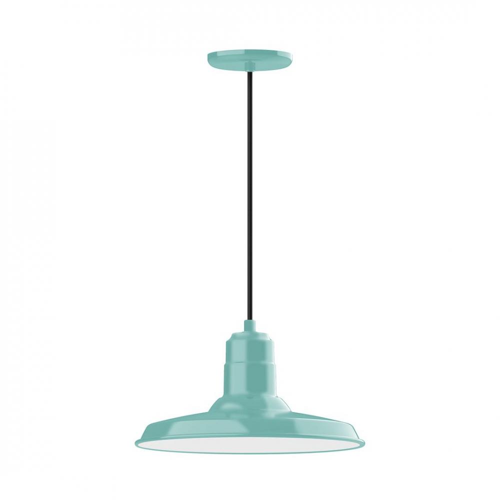 14" Warehouse shade, LED Pendant with black cord and canopy, wire grill, Sea Green