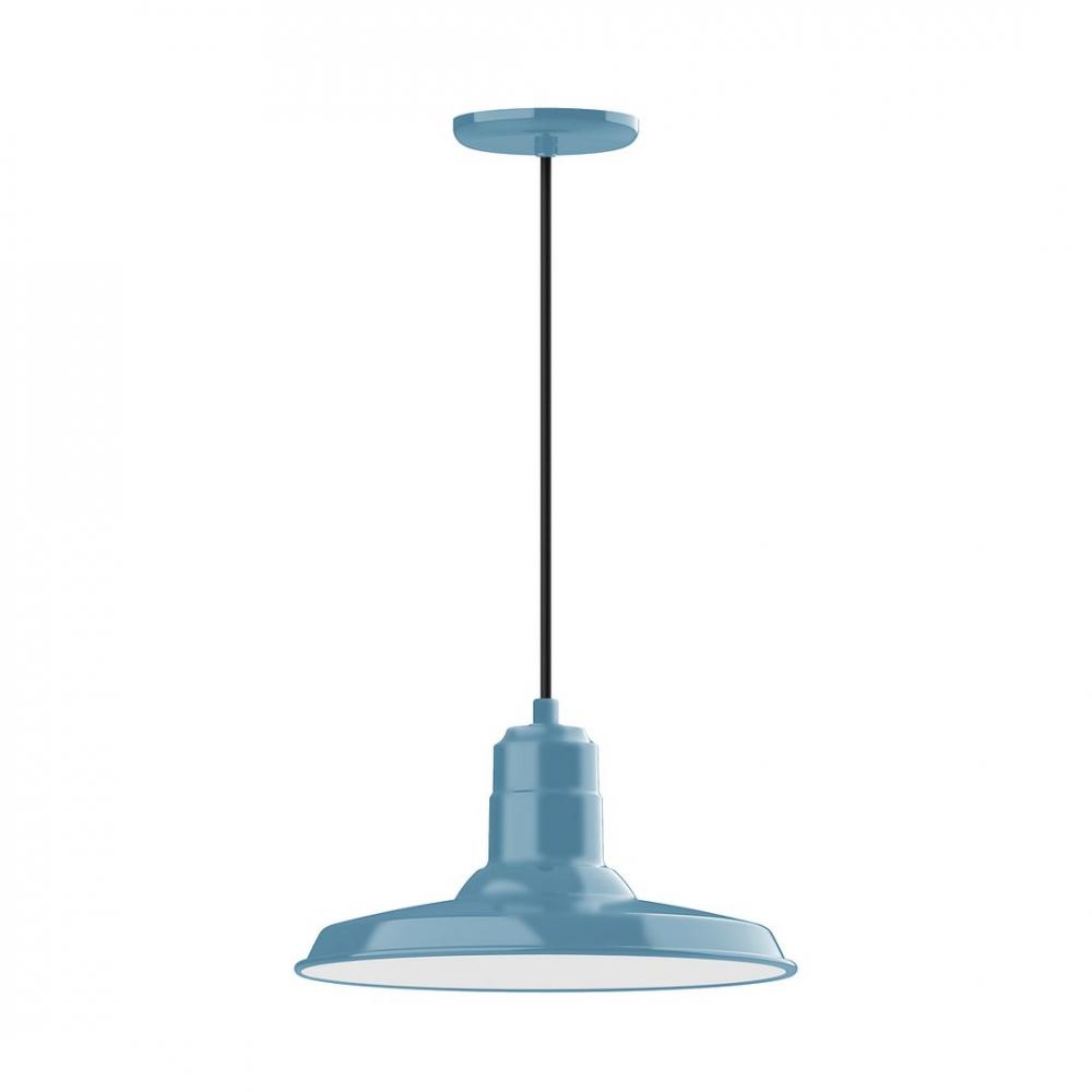 14" Warehouse shade, LED Pendant with navy mini tweed fabric cord and canopy, Light Blue