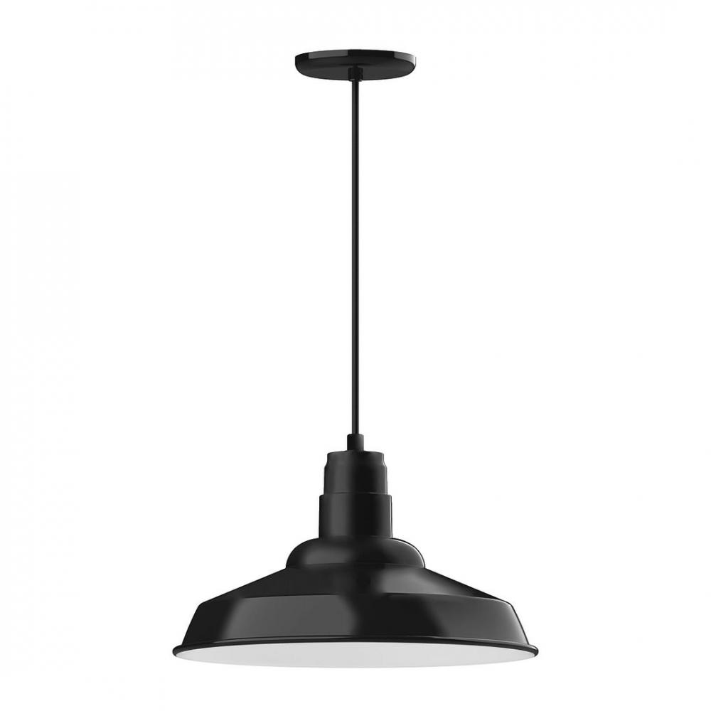 16" Warehouse shade, LED Pendant with gray solid fabric cord and canopy, Black