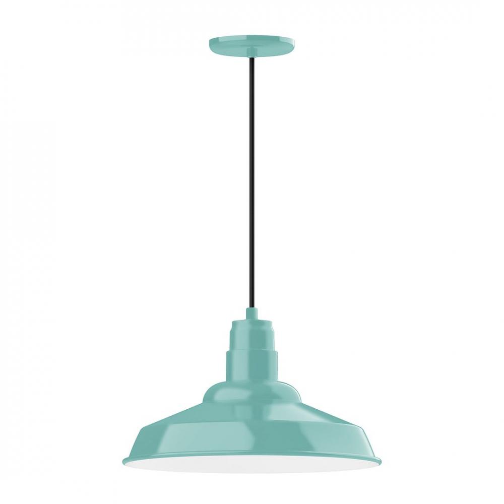 16" Warehouse shade, LED Pendant with polished copper fabric cord and canopy, Sea Green