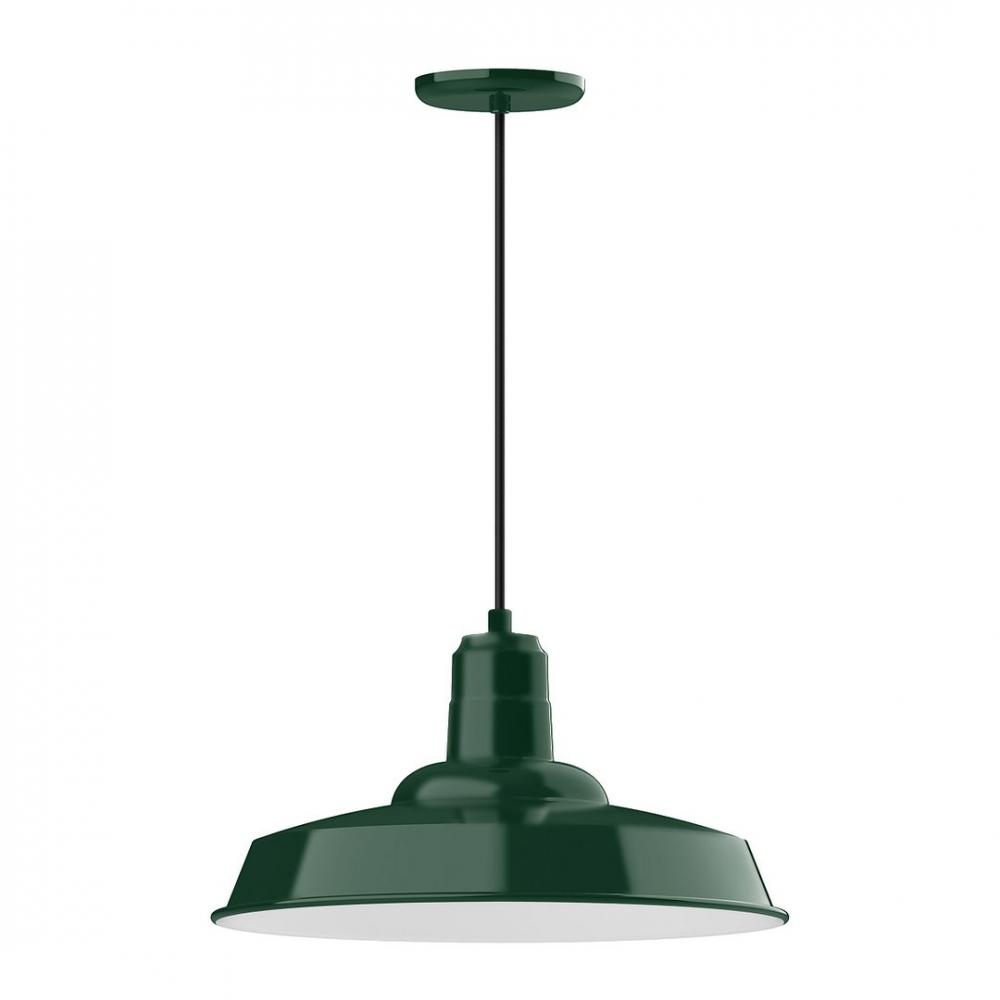 18" Warehouse shade, LED Pendant with white and gray dot fabric cord and canopy, Forest Green