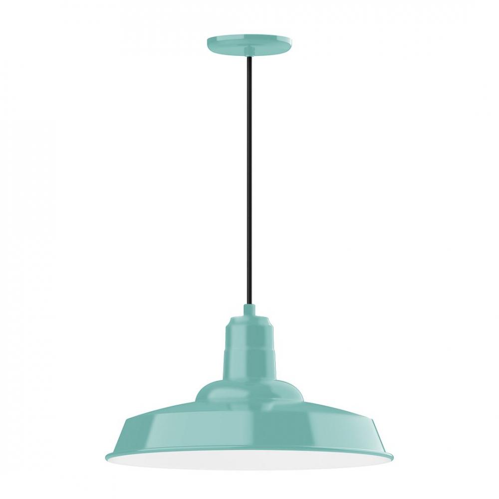 18" Warehouse shade, LED Pendant with navy mini tweed fabric cord and canopy, Sea Green