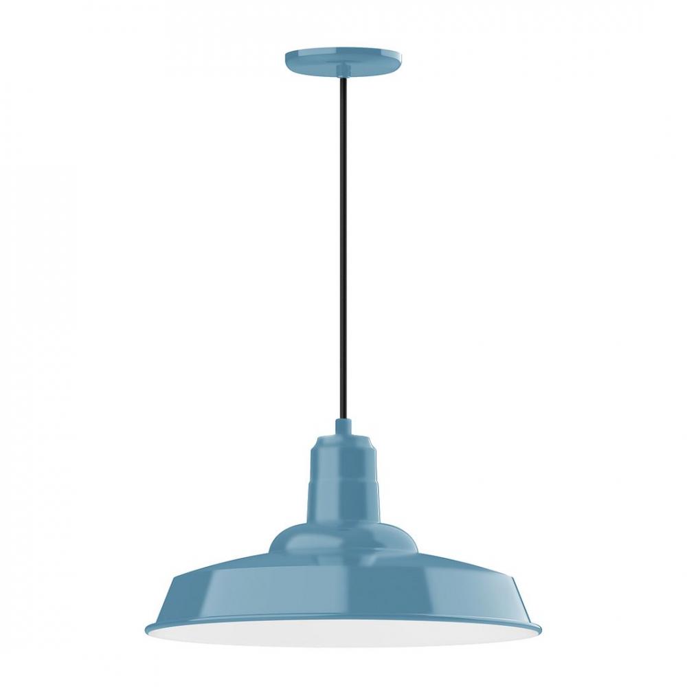 18" Warehouse shade, LED Pendant with navy mini tweed fabric cord and canopy, Light Blue