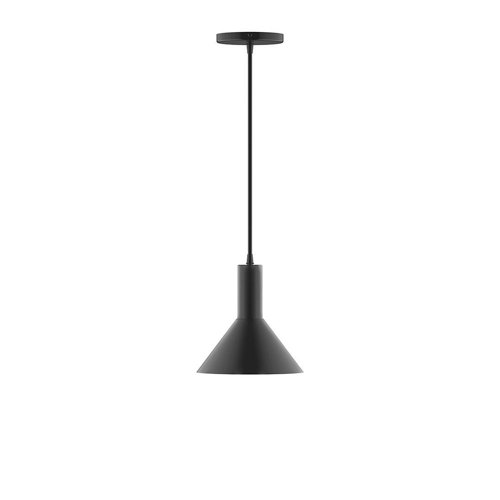 8" Stack Mini Cone LED Pendant, white and gray dot fabric cord with canopy, Black