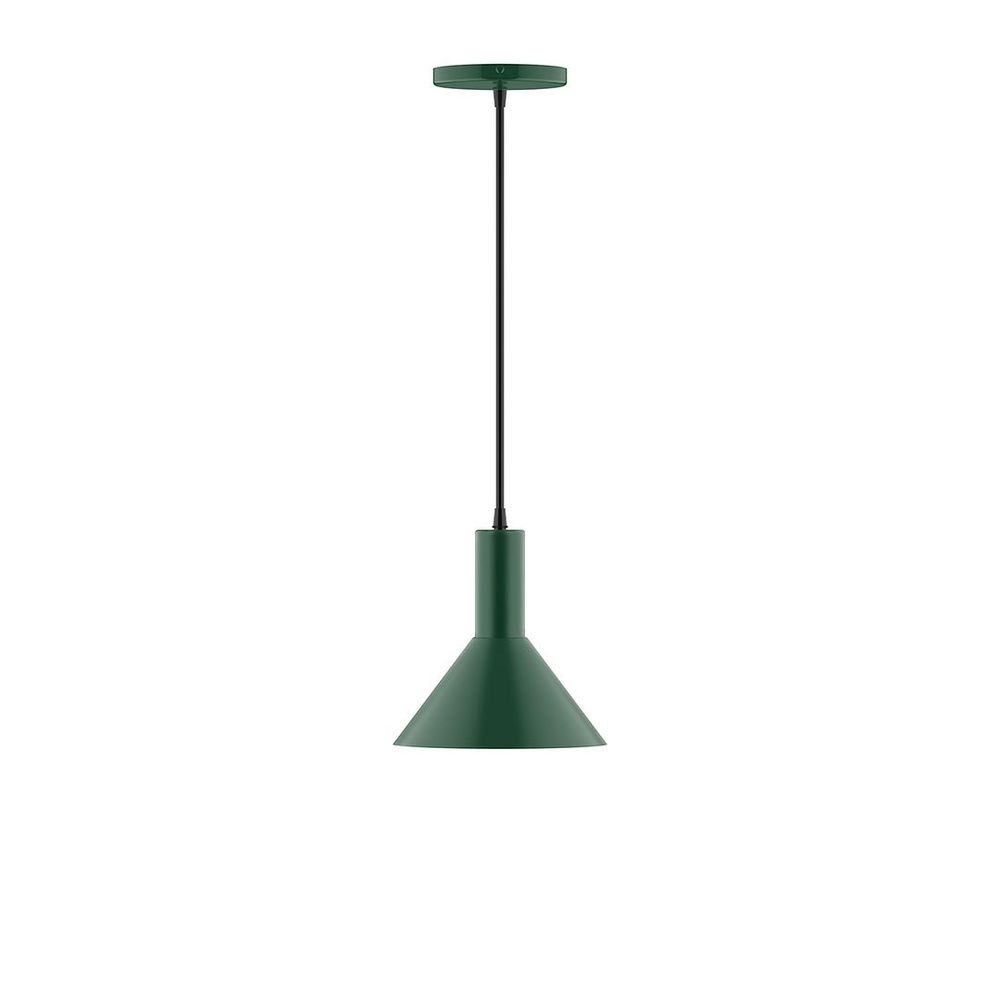 8" Stack Mini Cone LED Pendant, cool tweed fabric cord with canopy, Forest Green