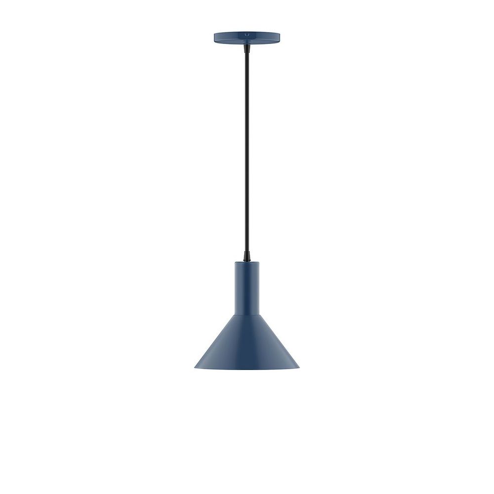 8" Stack Mini Cone LED Pendant, neutral argyle fabric cord with canopy, Navy