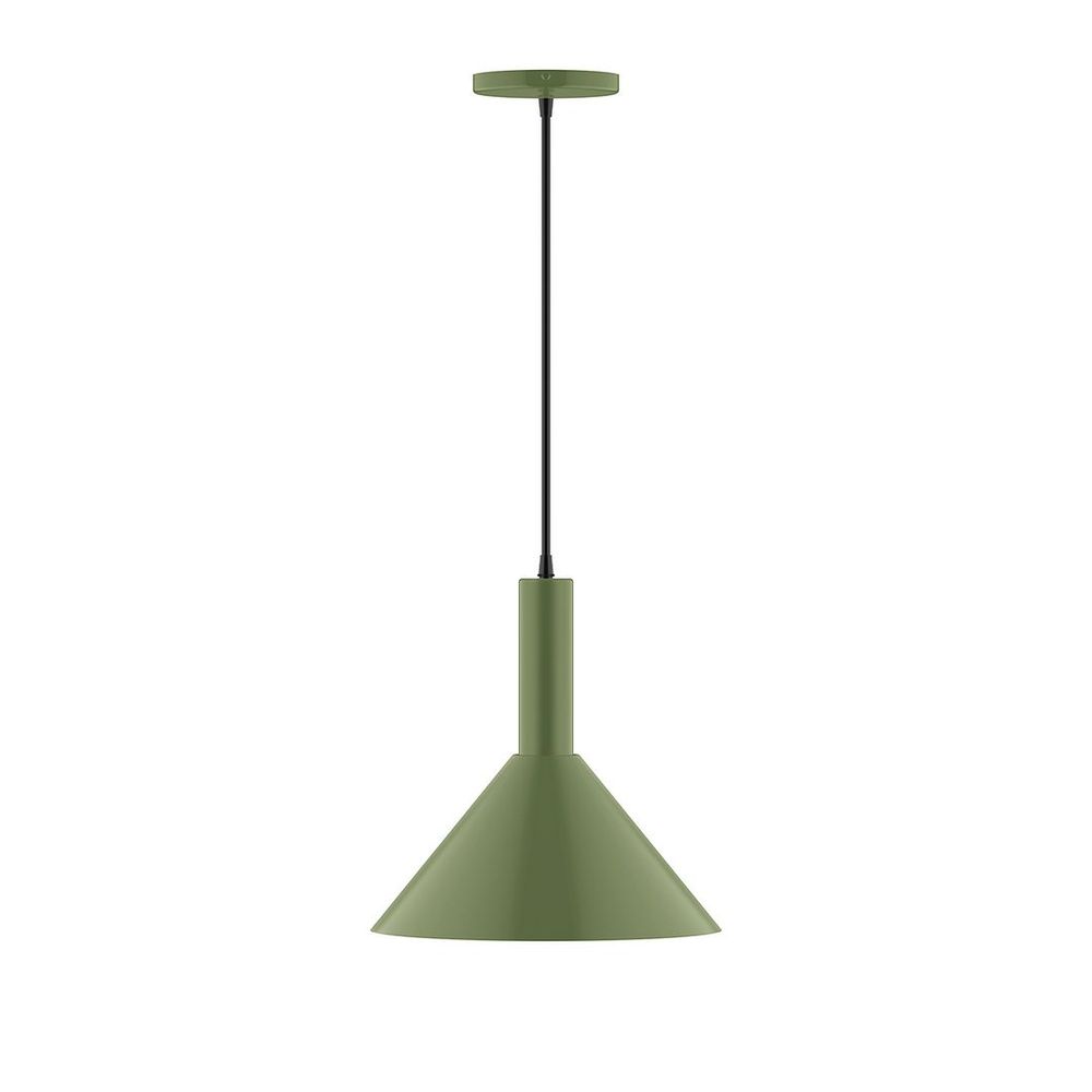 12" Stack Cone LED Pendant, cool tweed fabric cord with canopy, Fern Green