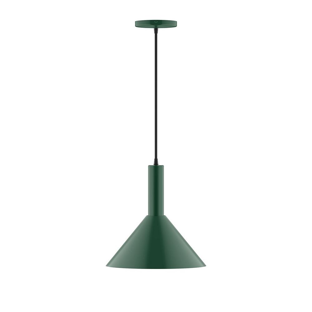 12" Stack Cone LED Pendant, white and gray dot fabric cord with canopy, Forest Green