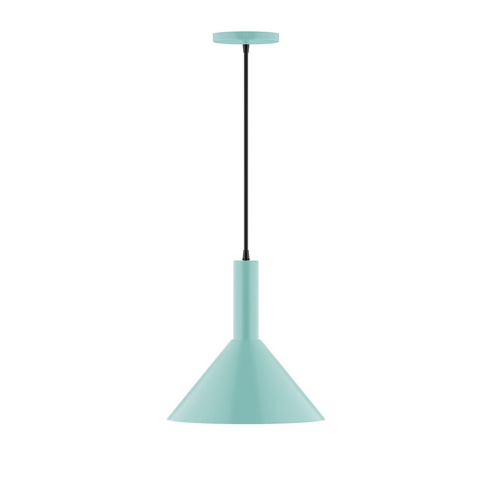 12" Stack Cone LED Pendant, cool tweed fabric cord with canopy, Sea Green