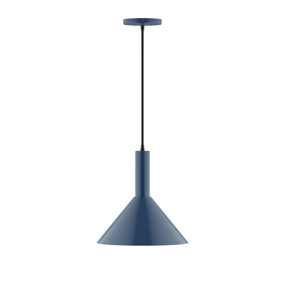 12" Stack Cone LED Pendant, cool tweed fabric cord with canopy, Navy