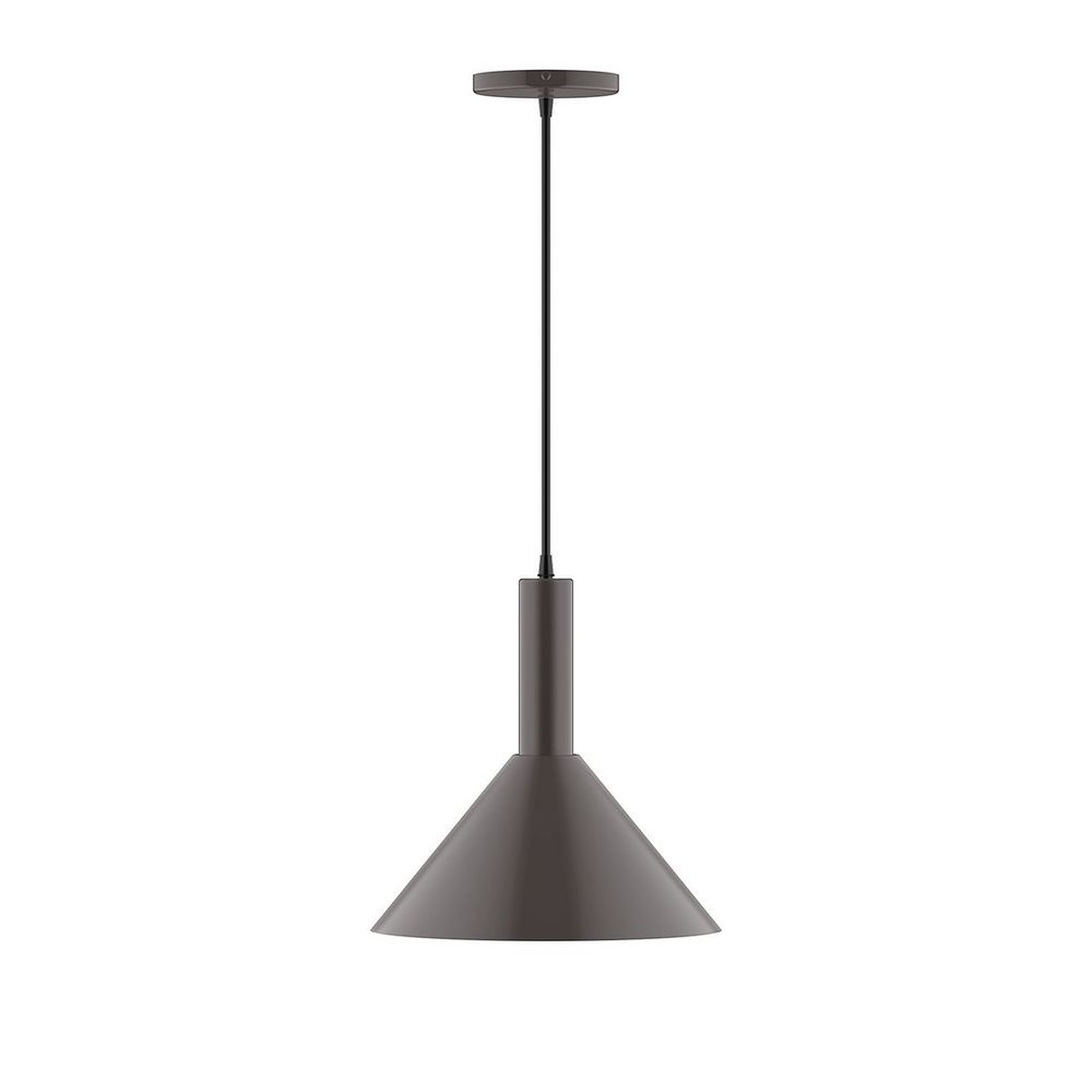 12" Stack Cone LED Pendant, black fabric cord with canopy, Architectural Bronze