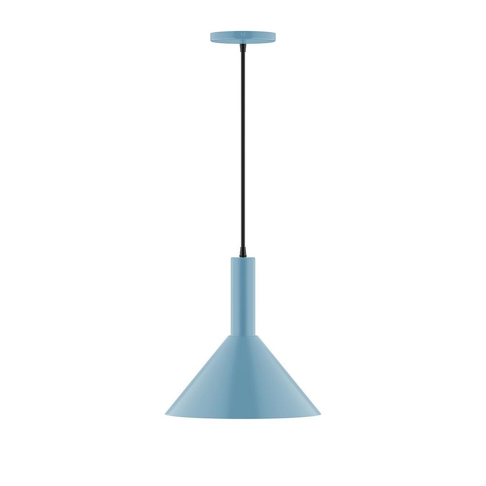 12" Stack Cone LED Pendant, polished copper fabric cord with canopy, Light Blue