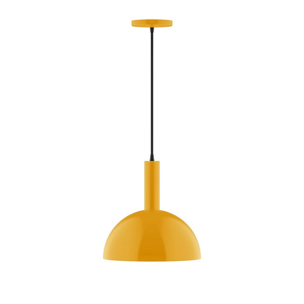 12" Stack Dome LED Pendant, brown and ivory houndstooth fabric cord with canopy, Bright Yellow