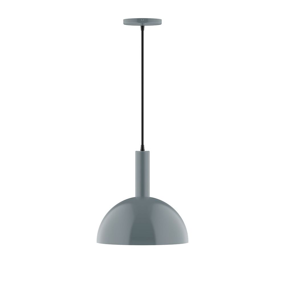 12" Stack Dome LED Pendant, black and white houndstooth fabric cord with canopy, Slate Gray