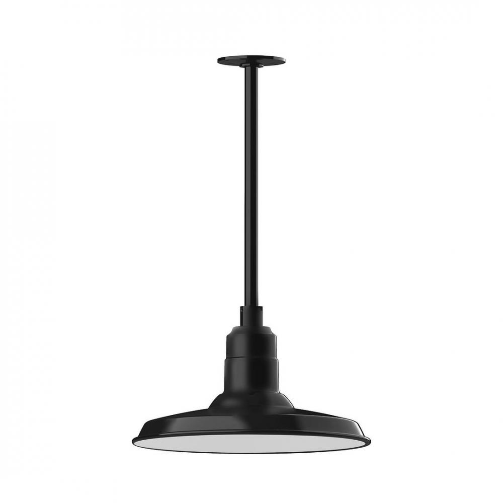 14" Warehouse shade, stem mount LED Pendant with wire grill, Black