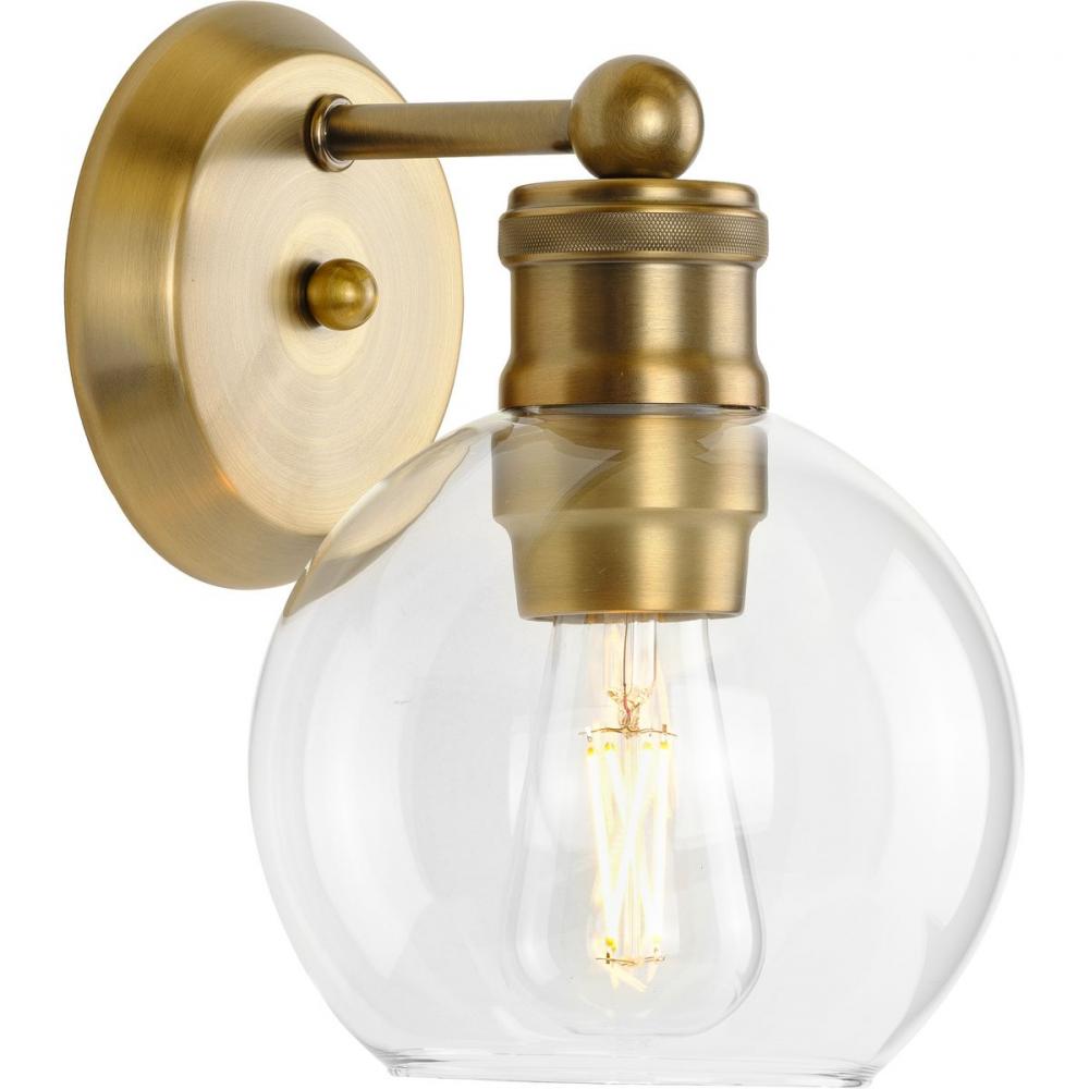 Hansford Collection One-Light Vintage Brass Clear Glass Farmhouse Bath Vanity Light