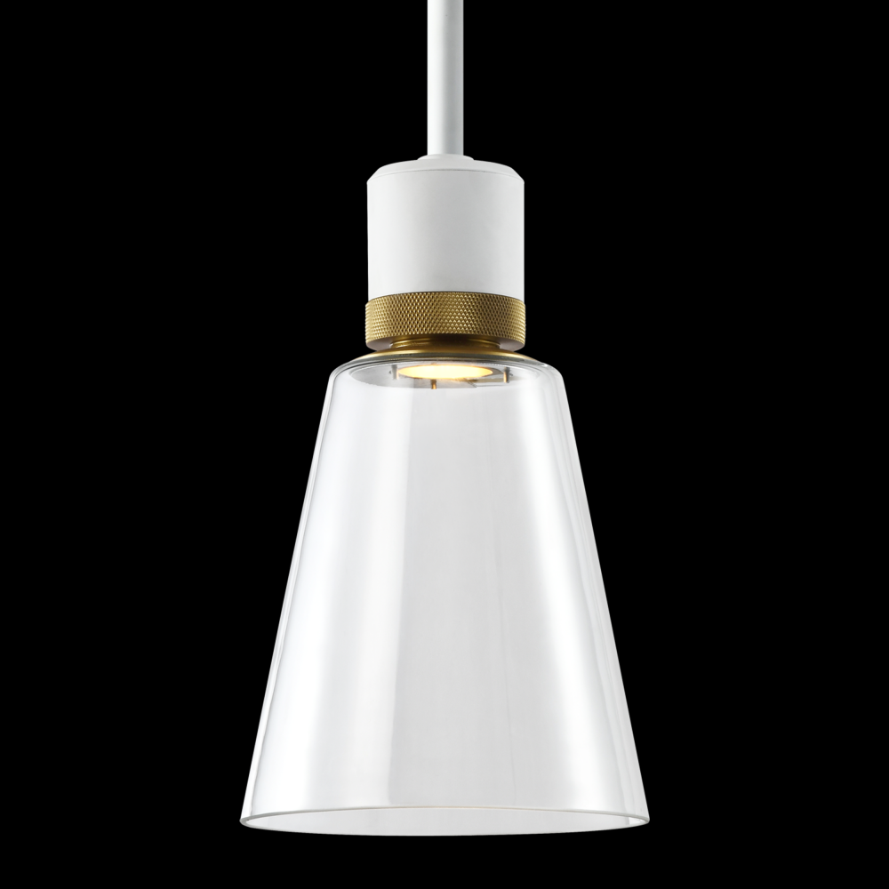 7" LED 3CCT Clear Bell Glass Pendant Light, Matte White with Brass Metal Finish