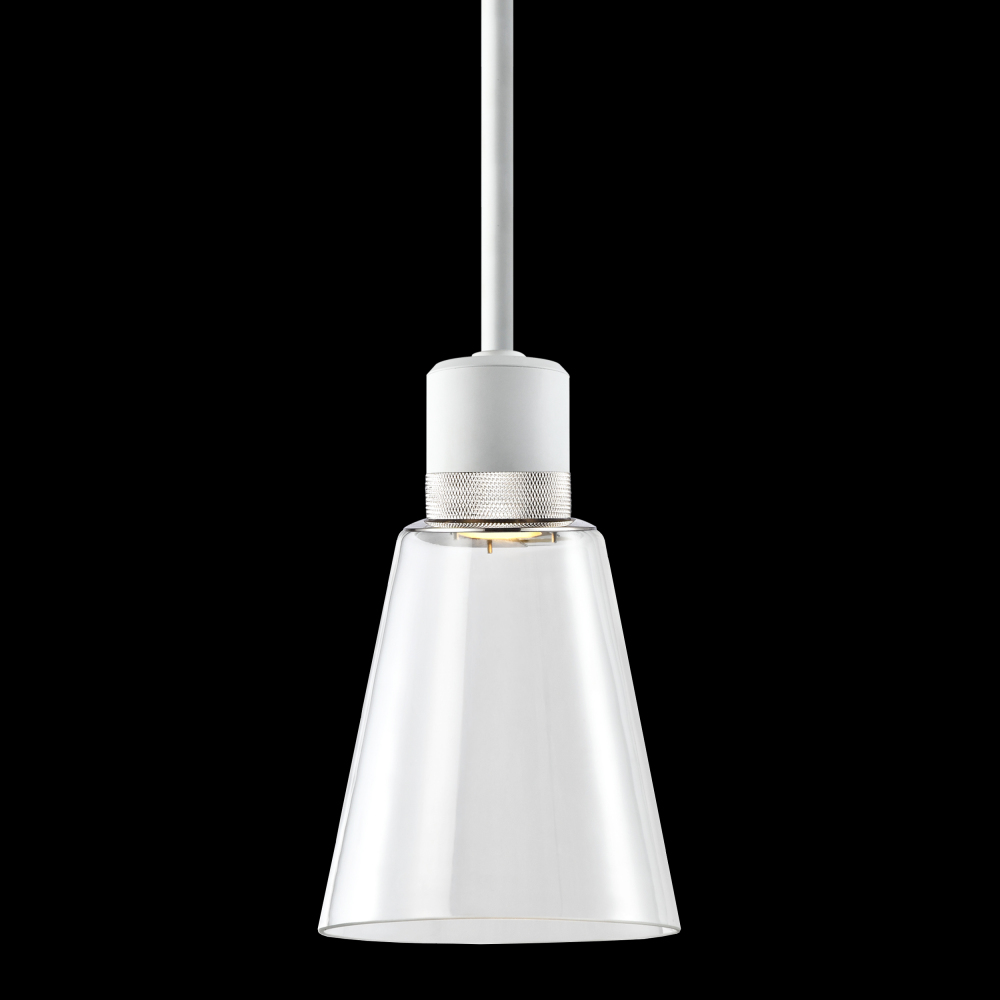 7" LED 3CCT Clear Bell Glass Pendant Light, Matte White with Nickel Metal Finish