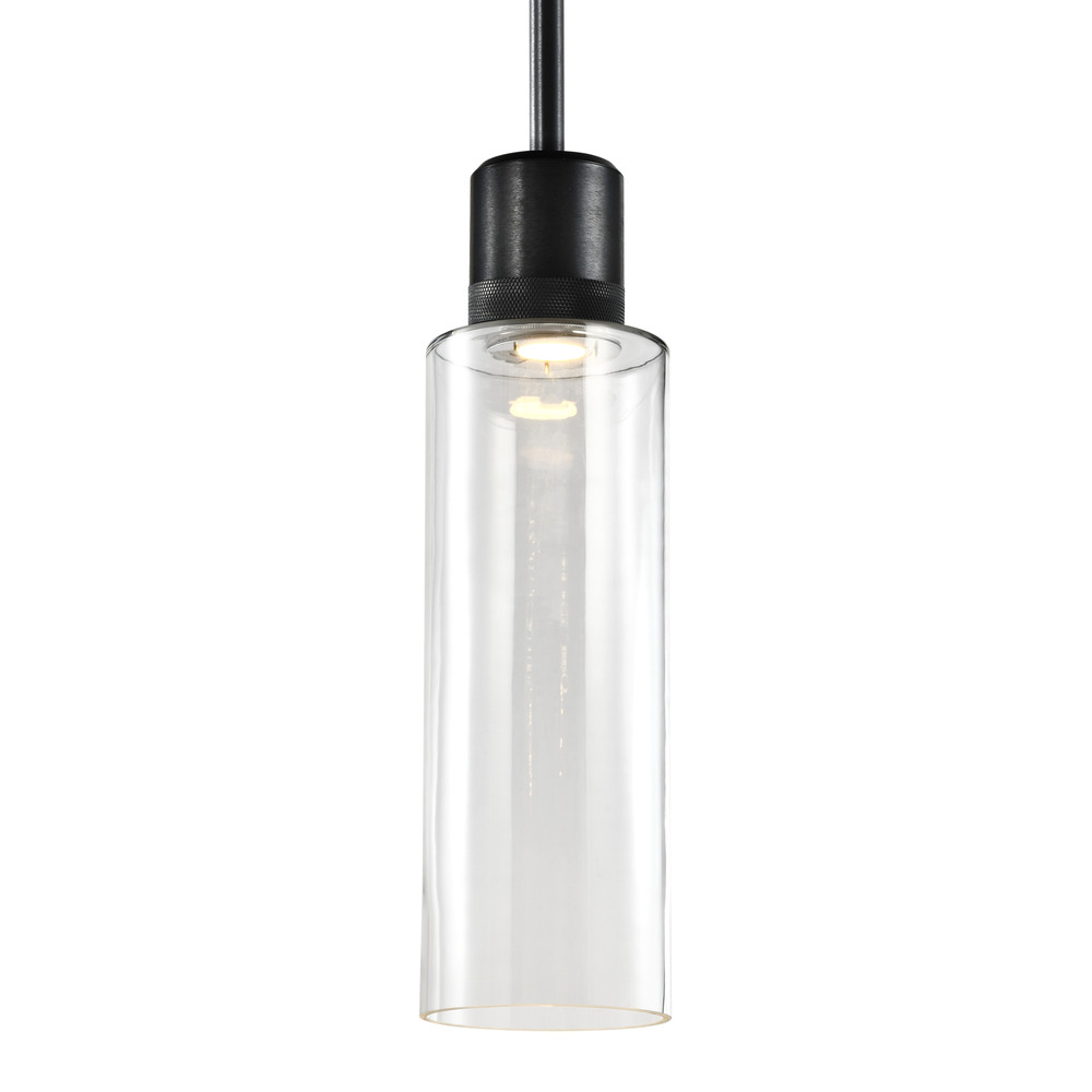 6" LED 3CCT Cylindrical Drum Pendant Light, 18" Clear Glass and Satin Brushed Black Metal Fi