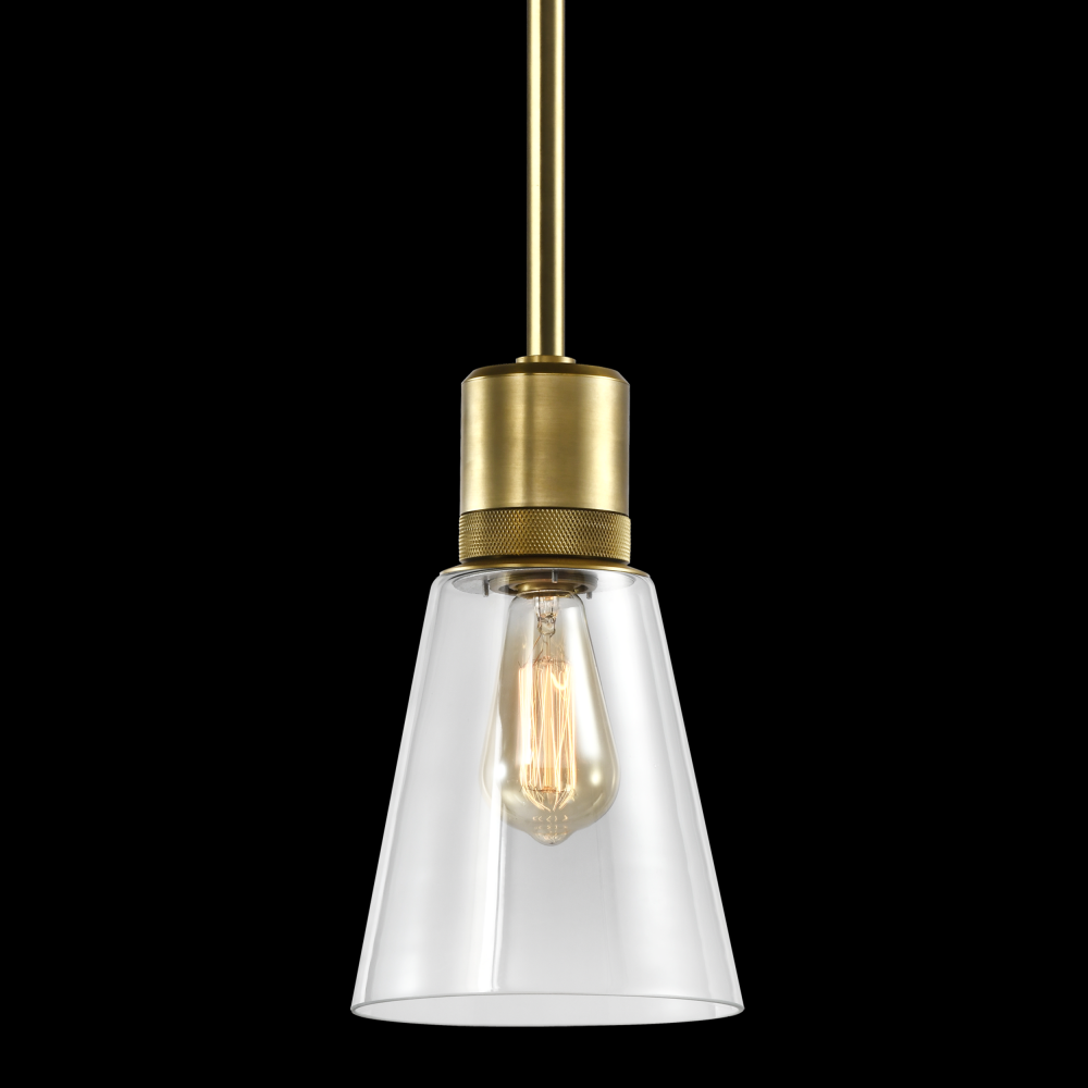 7" E26 Clear Bell Glass Pendant Light, Aged Brass Metal Finish