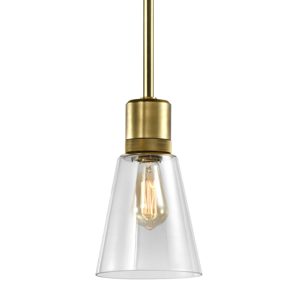 7" E26 Clear Bell Glass Pendant Light, Aged Brass Metal Finish