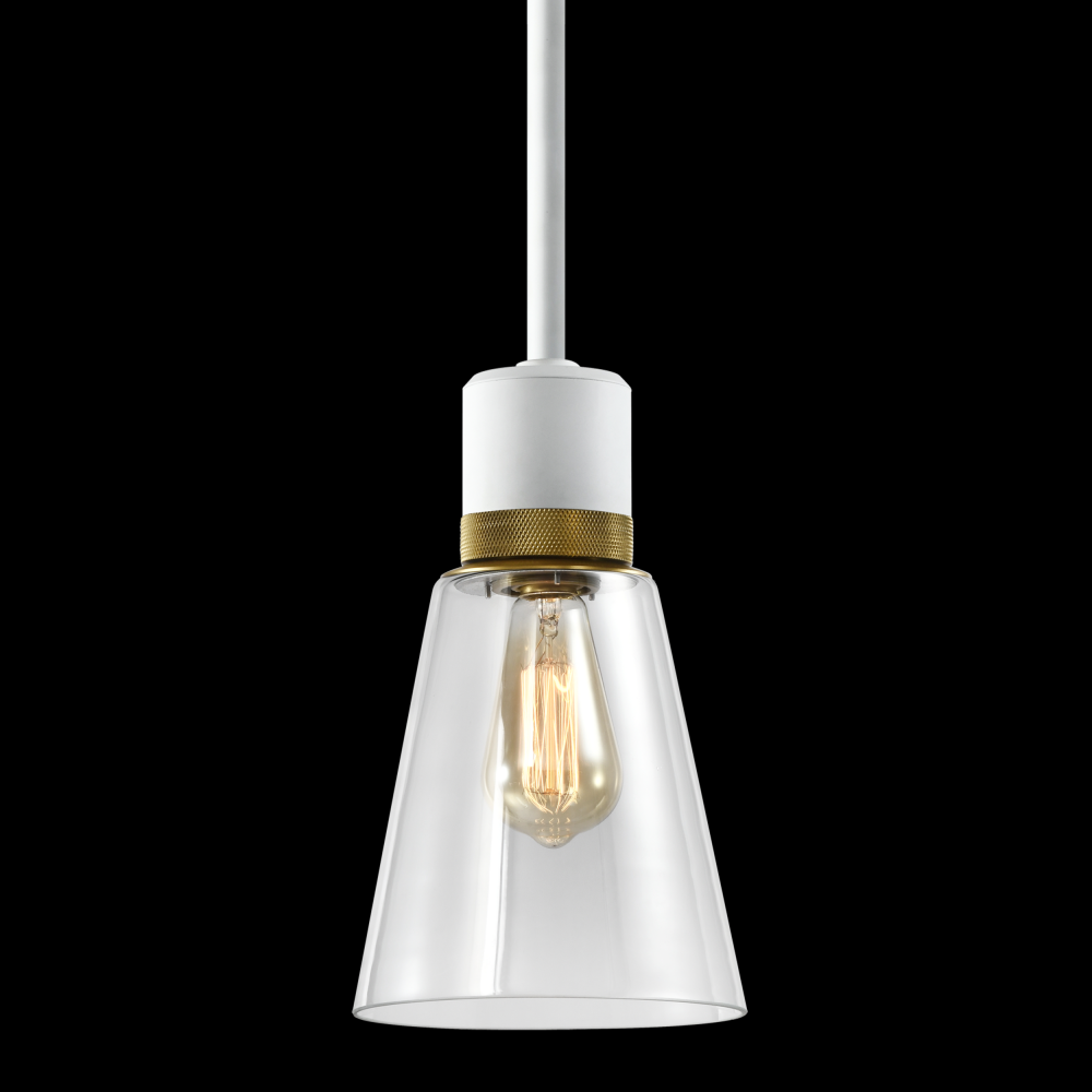 7" E26 Clear Bell Glass Pendant Light, Matte White with Brass Metal Finish