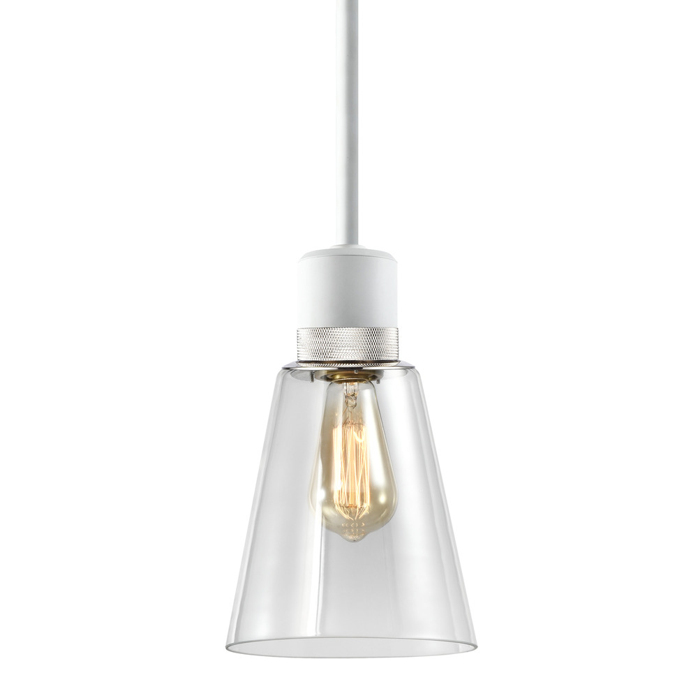 7" E26 Clear Bell Glass Pendant Light, Matte White with Nickel Metal Finish