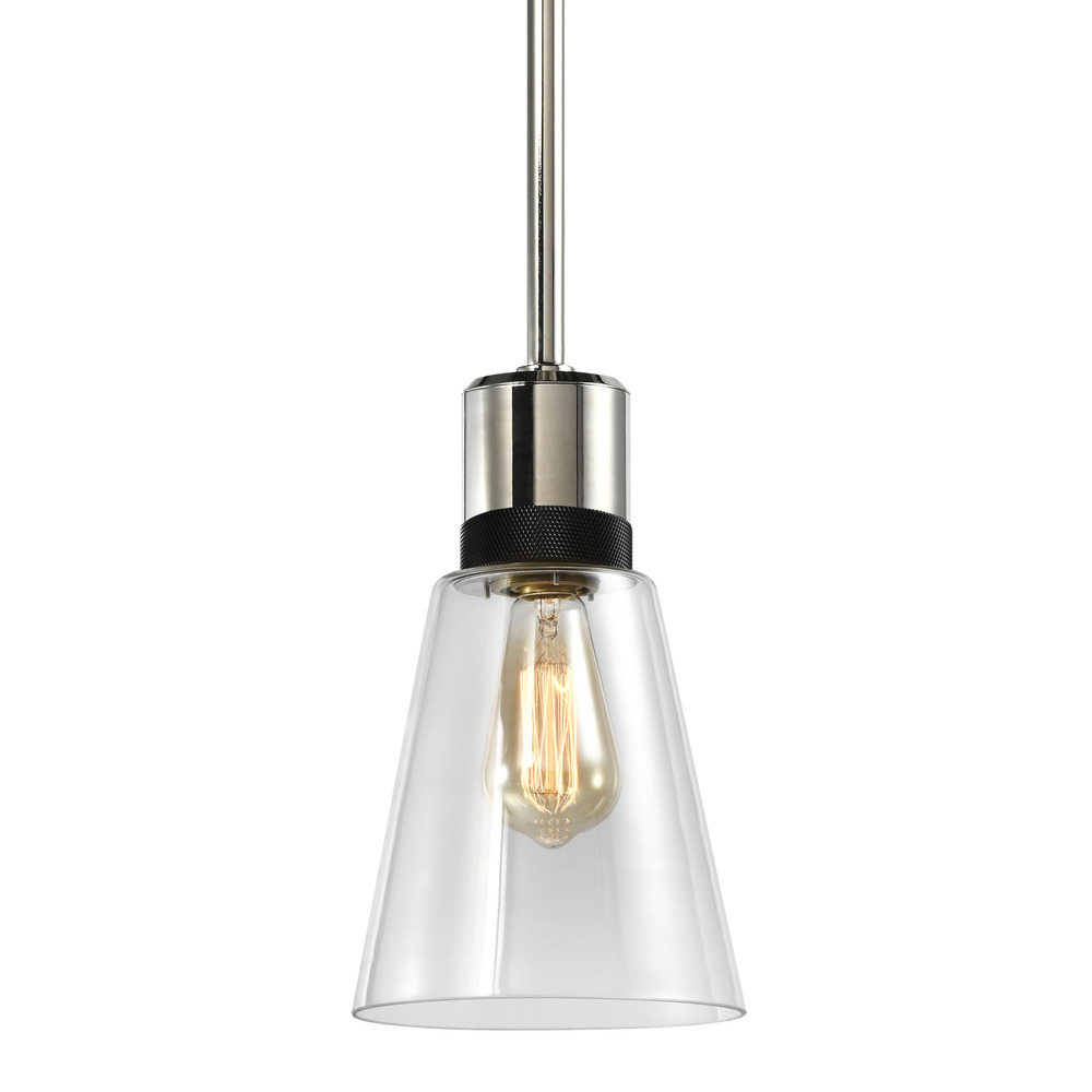 7" E26 Clear Bell Glass Pendant Light, Polished Nickel with Black Metal Finish