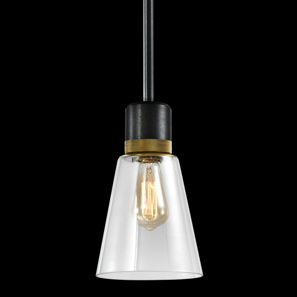 7" E26 Clear Bell Glass Pendant Light, Satin Brushed Black with Brass Metal Finish