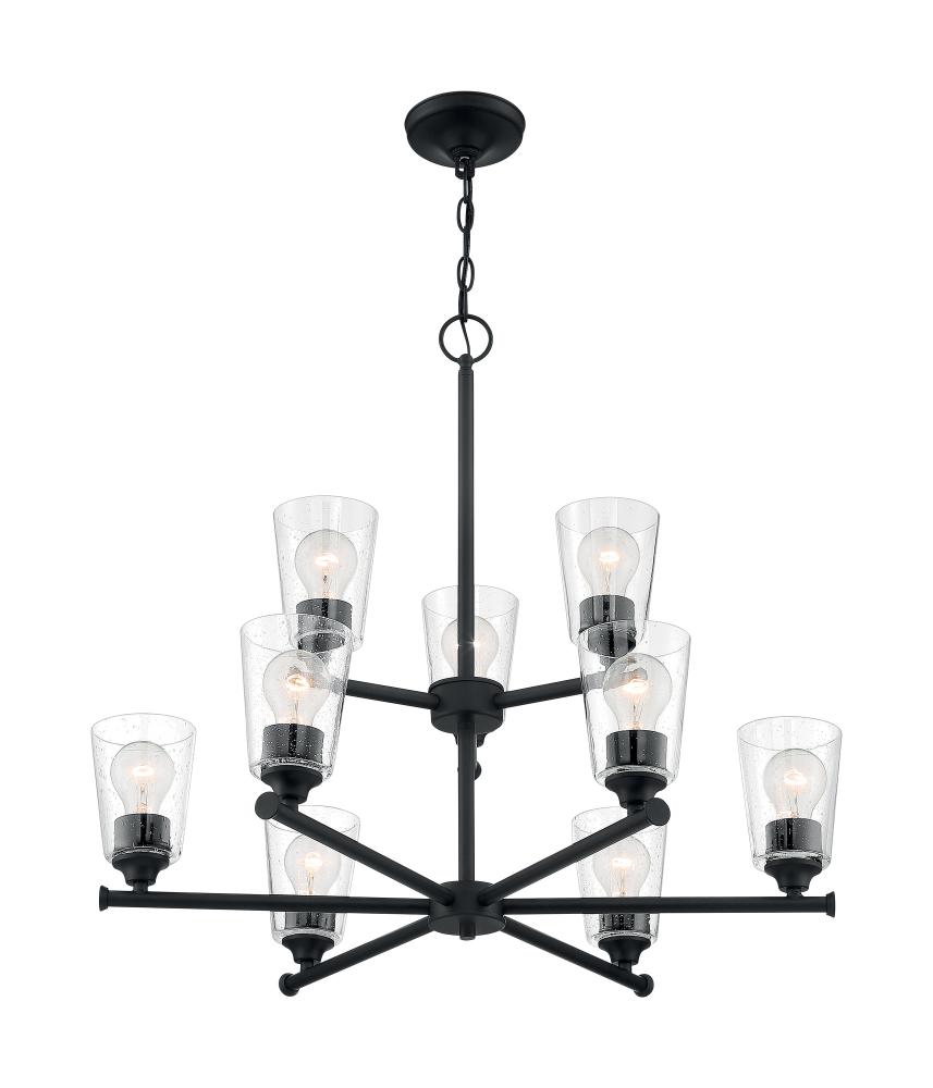 Bransel - 9 Light Chandelier with Seeded Glass - Matte Black Finish