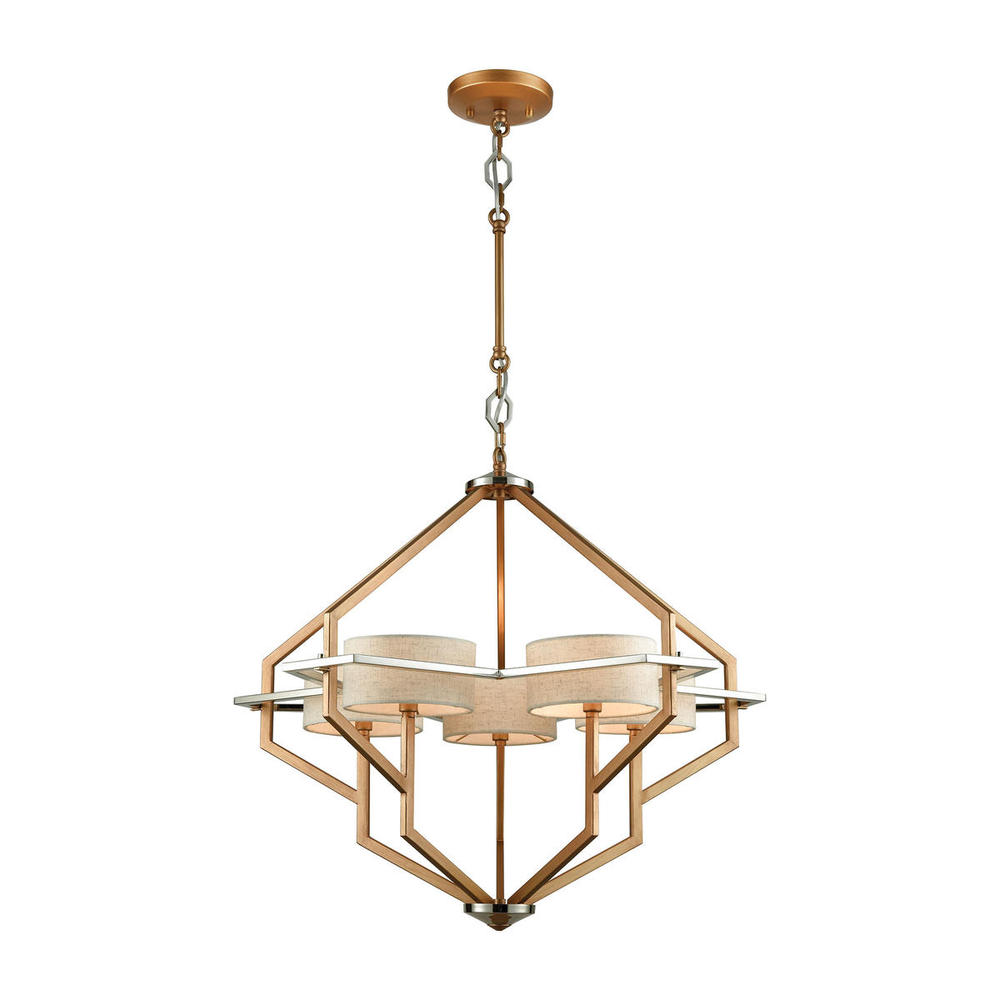 Warrenton 5 Light Chandelier in Matte Gold with Polished Nickel Accents and Beige Linen Shades Incl